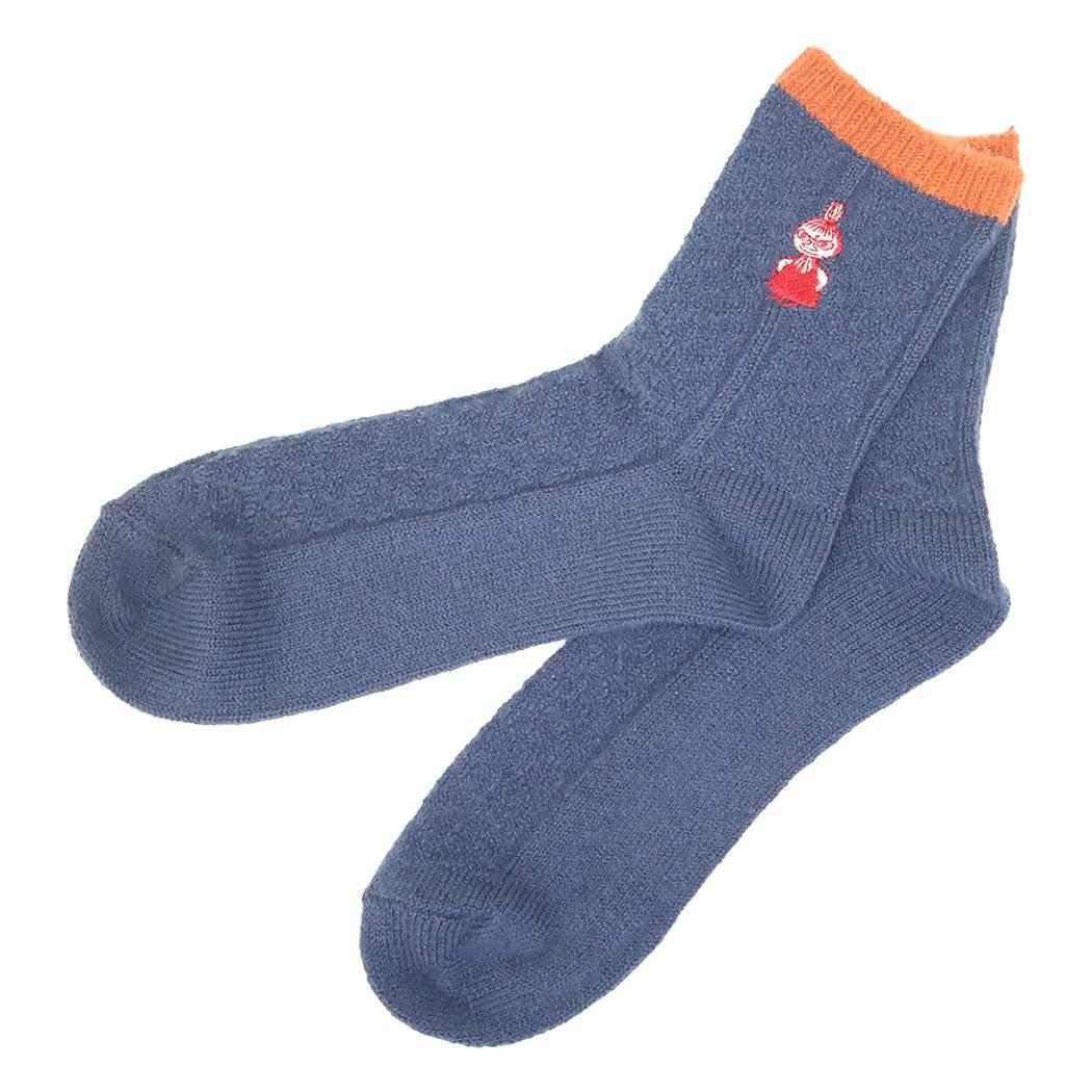 ムーミン 靴下 ロークルー フワフワニット ソックス ケーブル柄 リトルミイ 刺繍 紺 北欧 ウイックス