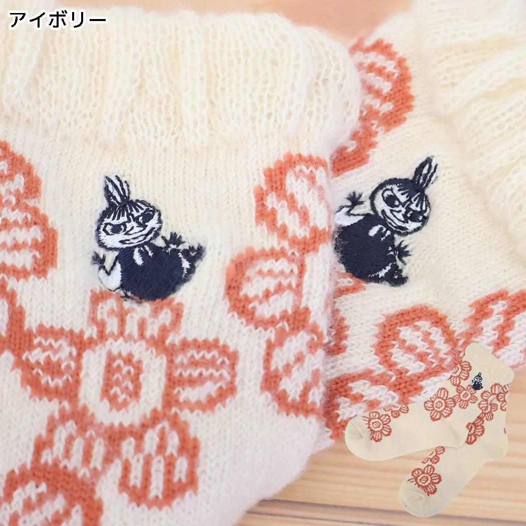 ムーミン 靴下 ロークルー フワフワニット ソックス 花柄 リトルミイ 刺繍 アイボリー 北欧 ウイックス