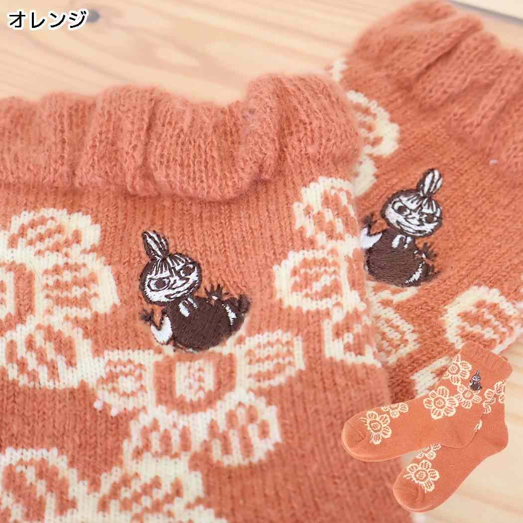 ムーミン 靴下 ロークルー フワフワニット ソックス 花柄 リトルミイ 刺繍 オレンジ 北欧 ウイックス