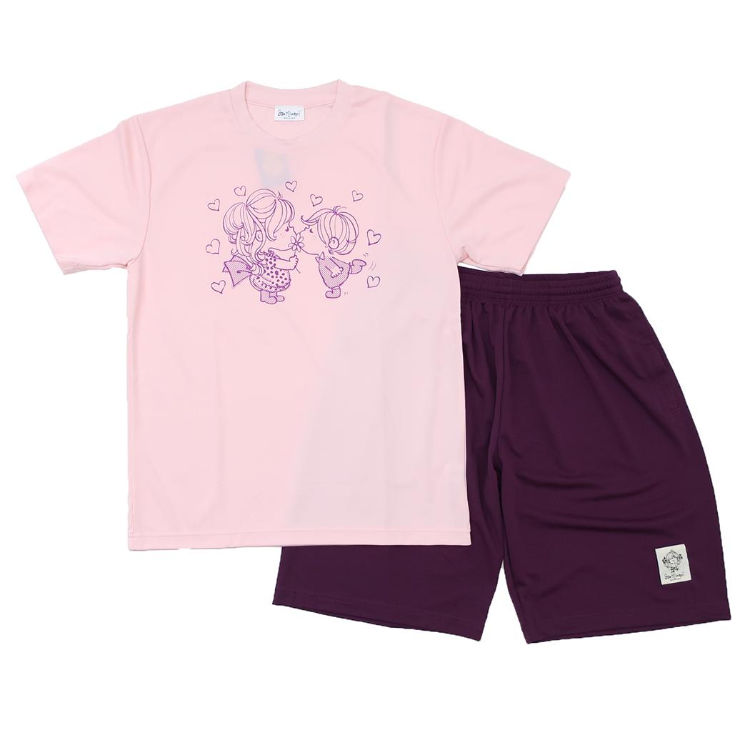 水森亜土 Tシャツ＆ズボン リラックス ドライセットアップ ハート ライトピンク＆パープル ワタナベ