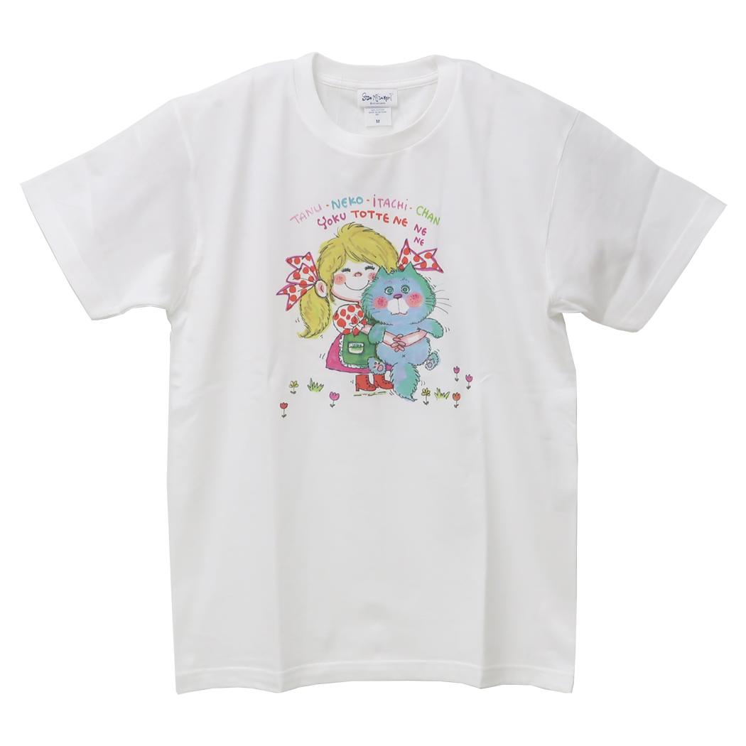 水森亜土 Tシャツ レディース T-SHIRTS ネコ ホワイト ワタナベ