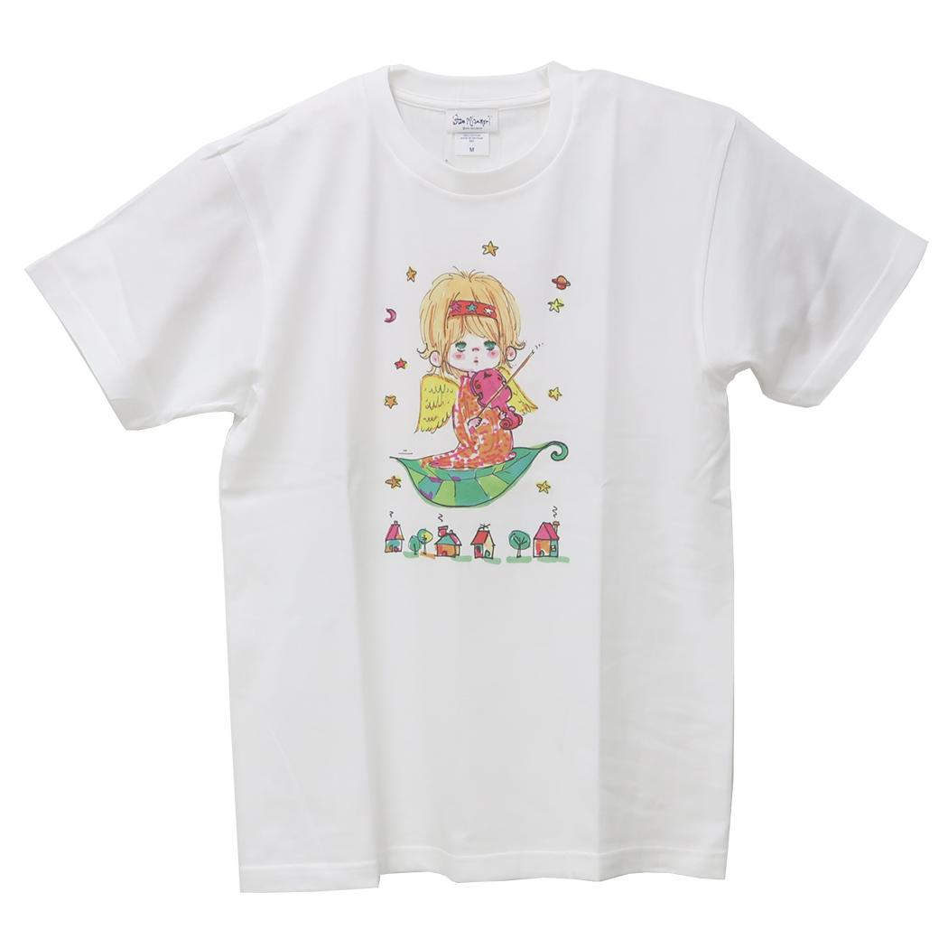 水森亜土 Tシャツ レディース T-SHIRTS バイオリン ホワイト ワタナベ