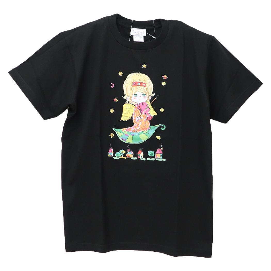 水森亜土 Tシャツ レディース T-SHIRTS バイオリン ブラック ワタナベ