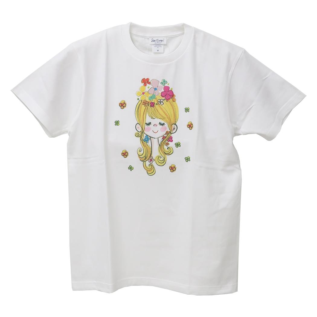 水森亜土 Tシャツ レディース T-SHIRTS フラワー ホワイト ワタナベ