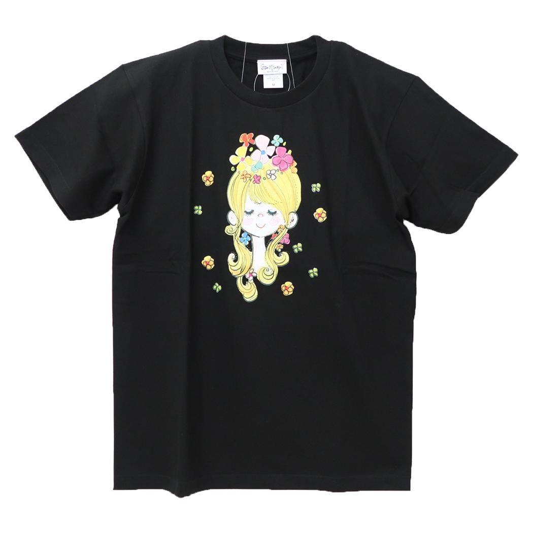 水森亜土 Tシャツ レディース T-SHIRTS フラワー ブラック ワタナベ