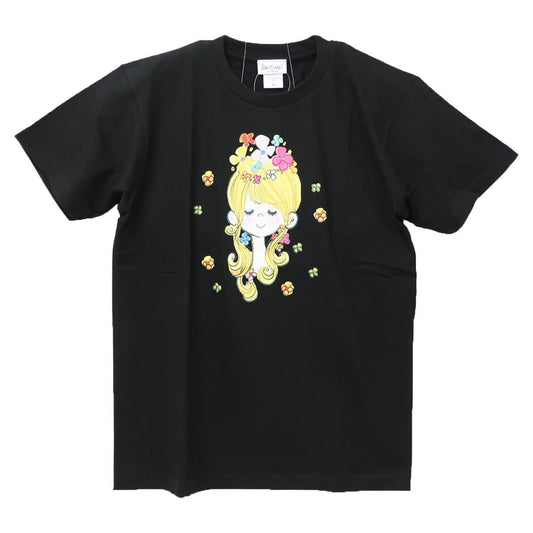 水森亜土 Tシャツ レディース T-SHIRTS フラワー ブラック ワタナベ