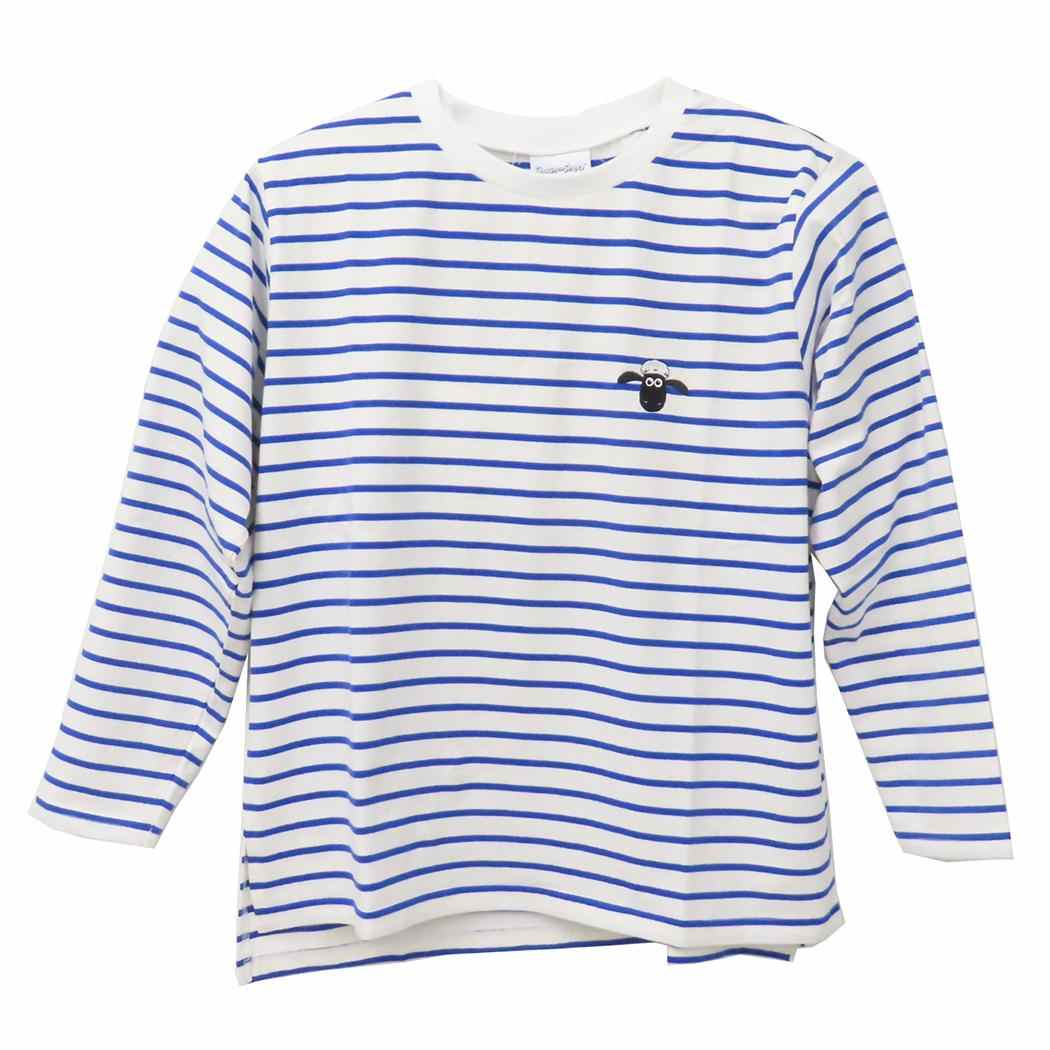 ひつじのショーン Tシャツ 刺繍ボーダーロンT フリーサイズ ホワイトxブルー ワタナベ 長袖 ロングTシャツ T-SHIRTS キャラクター グッズ メール便可 シネマコレクション