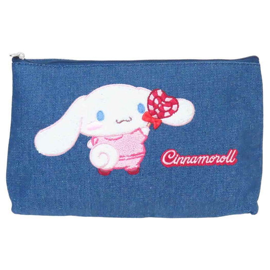 シナモロール コスメポーチ デニムサガラ刺繍フラットポーチ サンリオ ヤスダ通商 小物入れ キャラクター グッズ メール便可 シネマコレクション