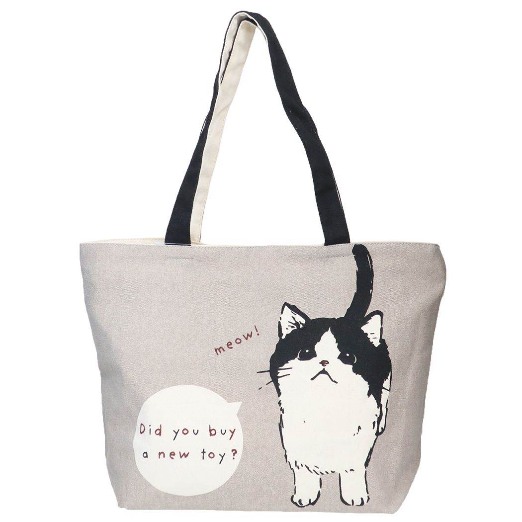 トートバッグ 横型トートバッグ ファスナー付き まめはちGY ねこ ミントイン