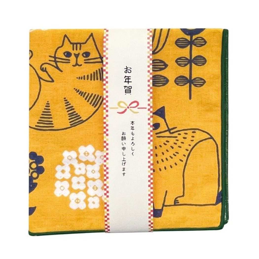 ミニタオル FIKA お年賀ハンカチ 猫と花 デコレ