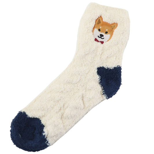 女性用防寒靴下 オメカシしばたさん もこもこルームソックス いぬ アイボリー ウォーマー雑貨 プレゼント 男の子 女の子 ギフト