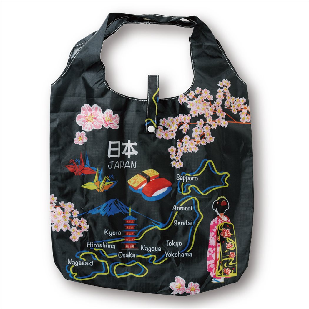 エコバッグ 日本地図 黒 エコなショッピングバッグ 収納袋付き ノルコーポレーション 39×50×15cm プレゼント 男の子 女の子