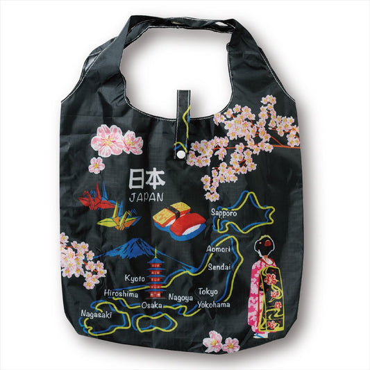 エコバッグ 日本地図 黒 エコなショッピングバッグ 収納袋付き ノルコーポレーション 39×50×15cm プレゼント 男の子 女の子
