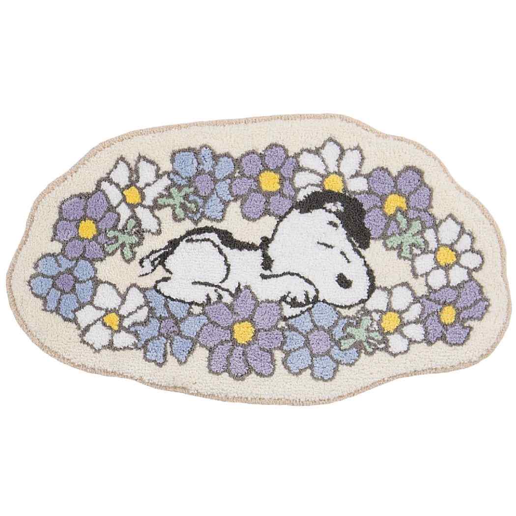 スヌーピー キャラクター フロアマット ダイカットマット 花いっぱい ブルー